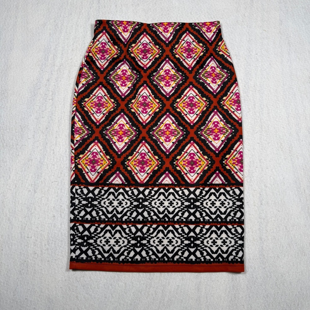 Sequin Hearts Womens Geometric Tribal Print Pencil Skirt Orange Pink Black L